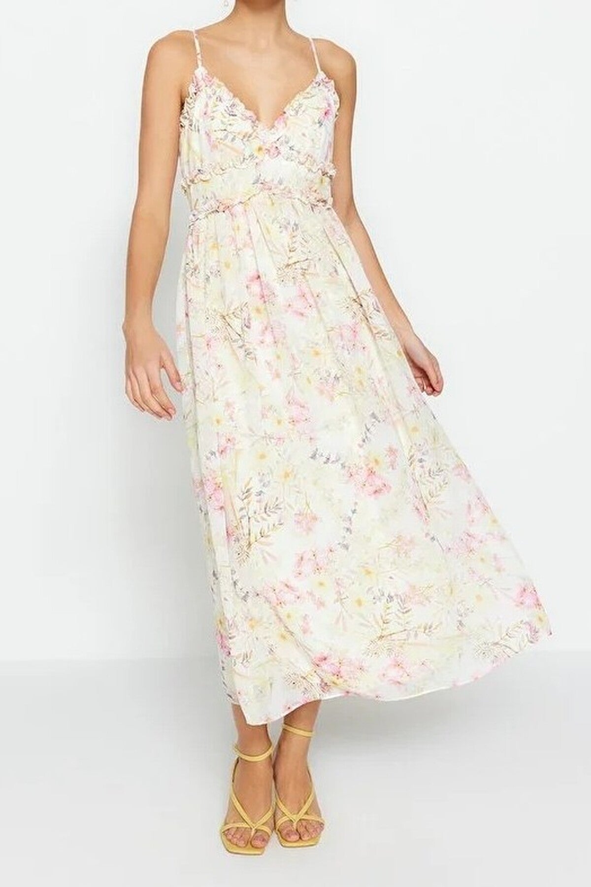 Floral Patterned A-Line Lined Maxi Woven Dress with Ruffle Detail