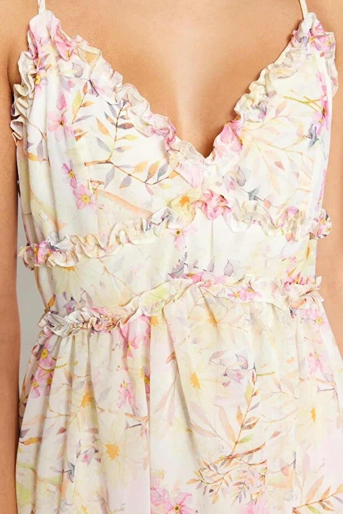 Floral Patterned A-Line Lined Maxi Woven Dress with Ruffle Detail