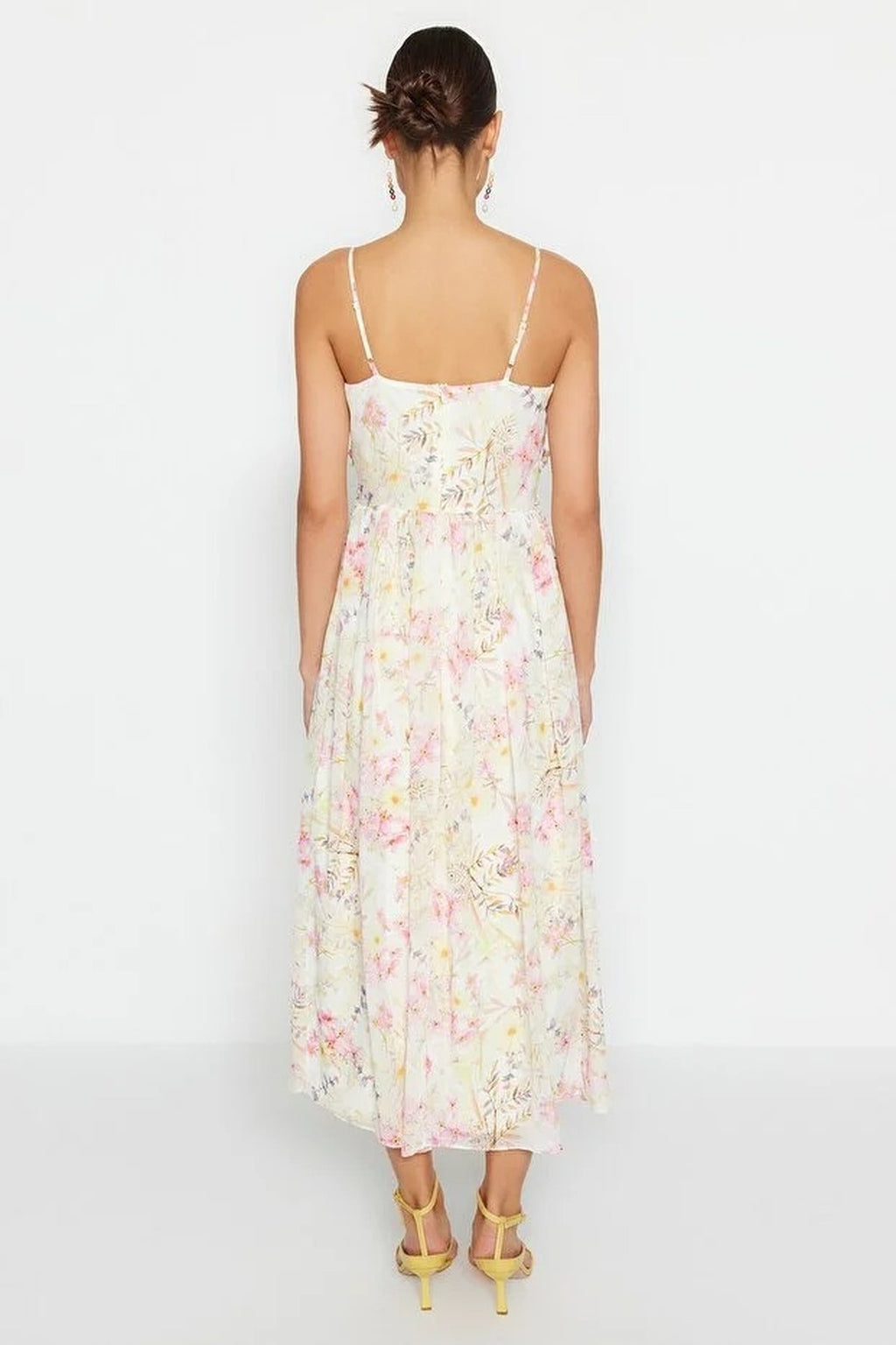 Floral Patterned A-Line Lined Maxi Woven Dress with Ruffle Detail