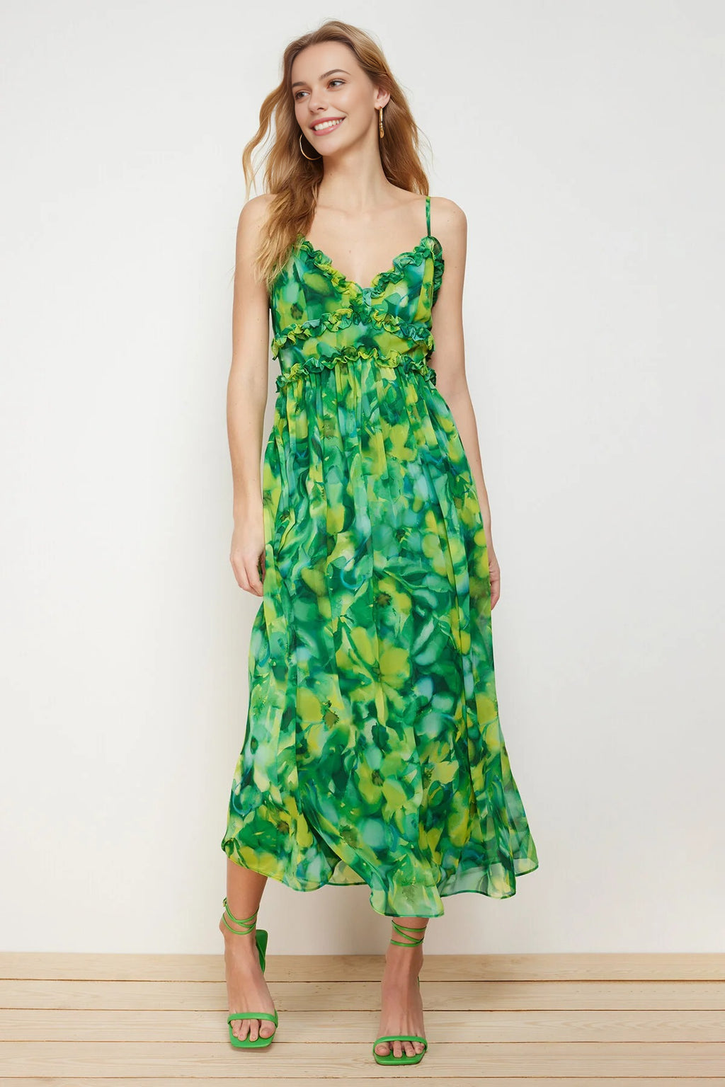 Floral Patterned A-Line Lined Maxi Woven Dress with Ruffle Detail