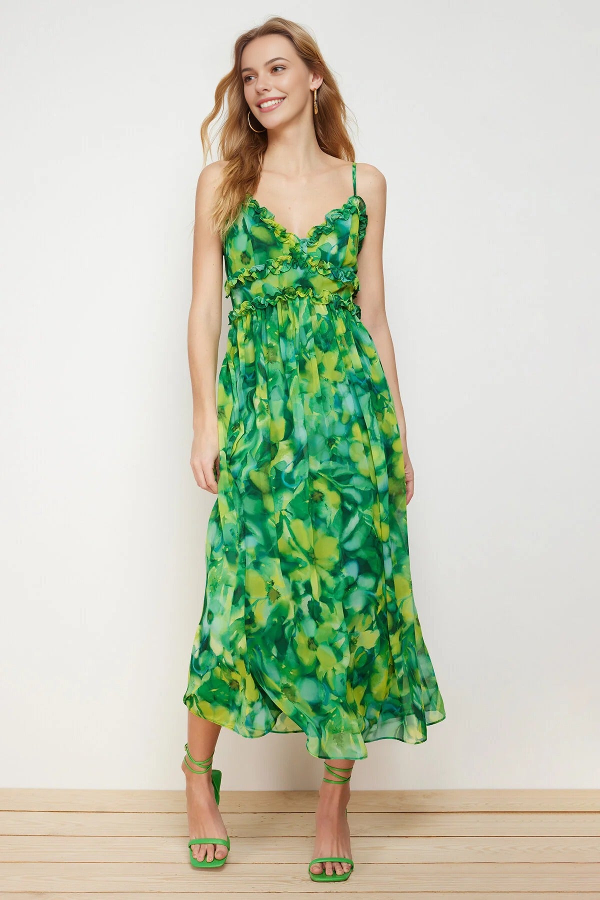 Floral Patterned A-Line Lined Maxi Woven Dress with Ruffle Detail