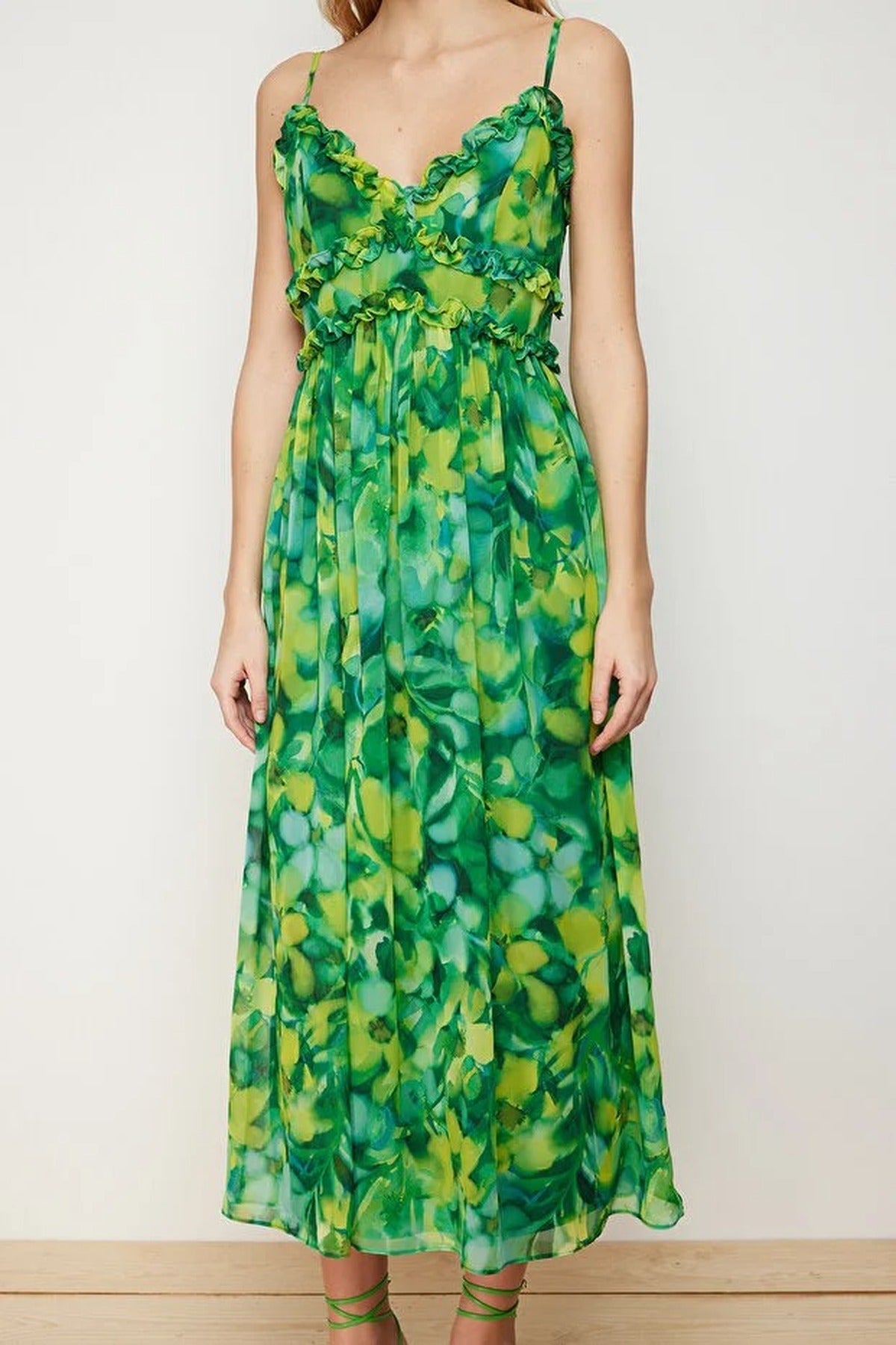 Floral Patterned A-Line Lined Maxi Woven Dress with Ruffle Detail