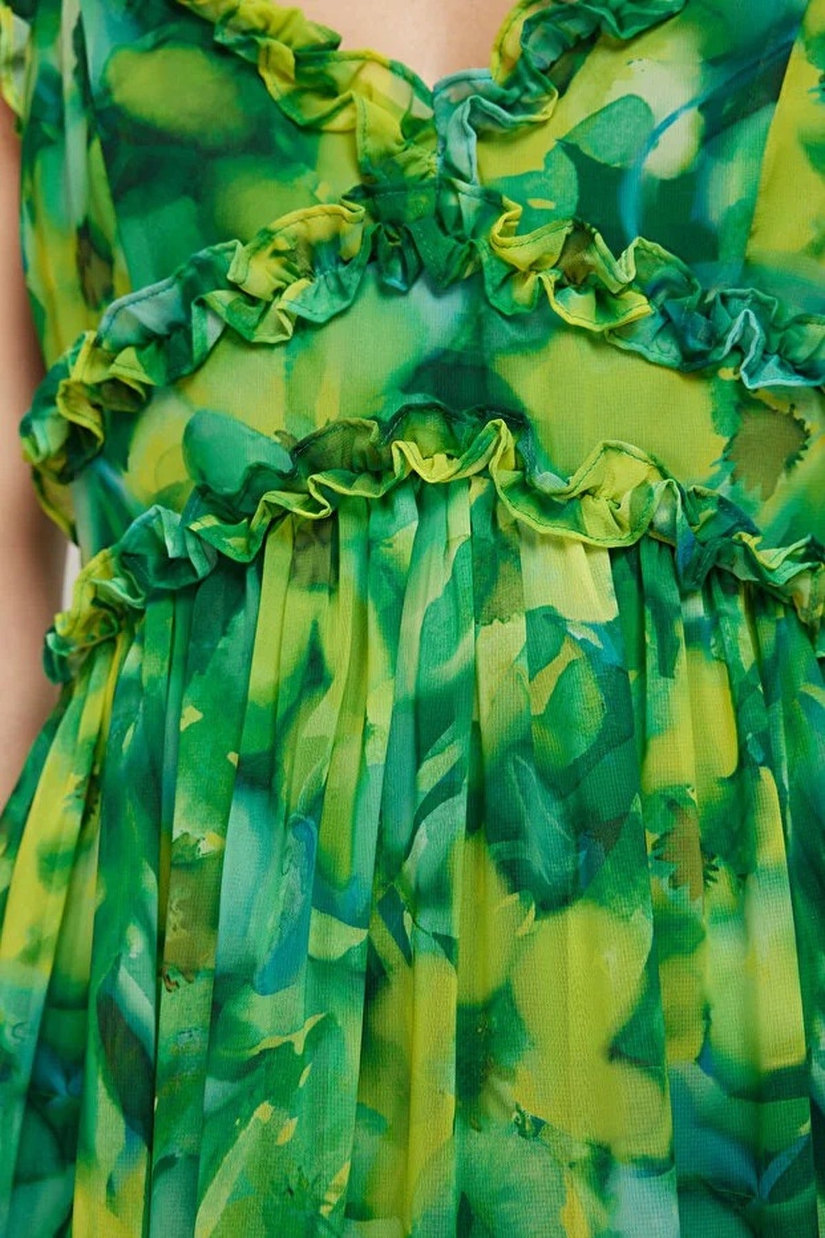 Floral Patterned A-Line Lined Maxi Woven Dress with Ruffle Detail