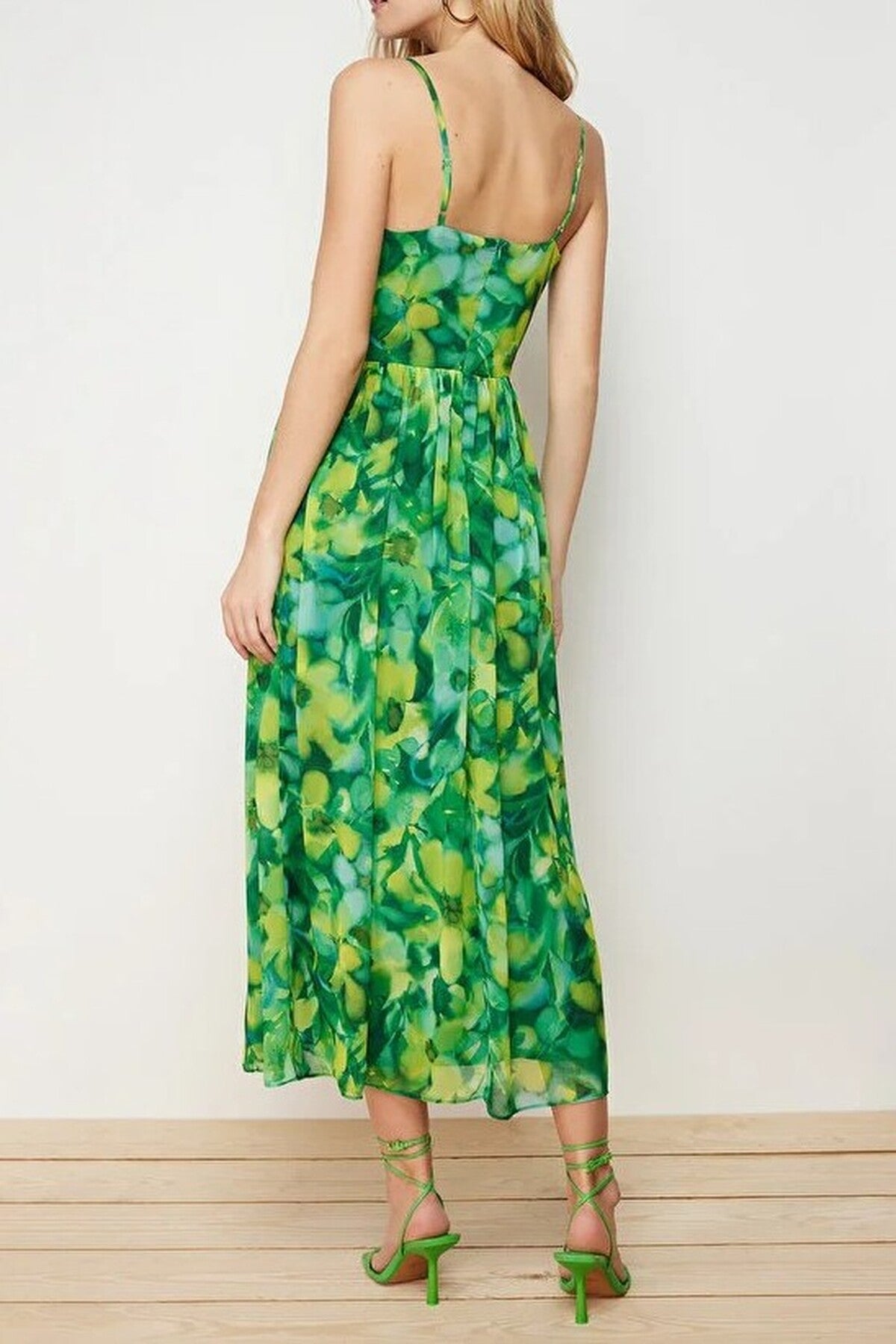 Floral Patterned A-Line Lined Maxi Woven Dress with Ruffle Detail