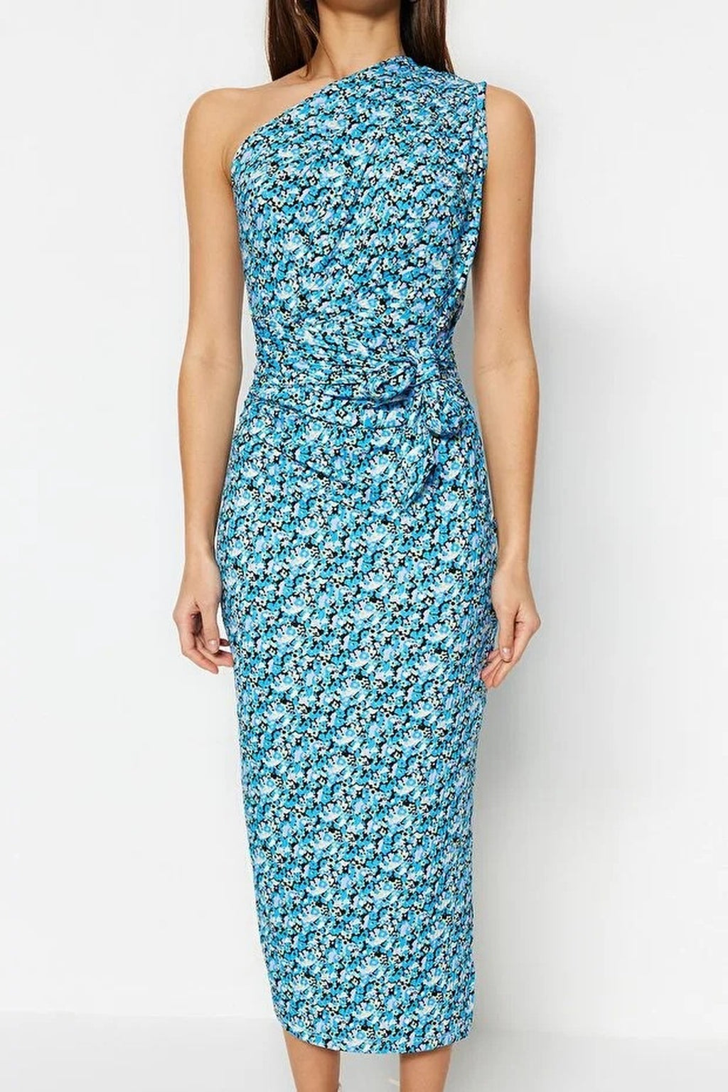 Printed Fitted One-Shoulder Asymmetrical V-Neck Pencil Dress