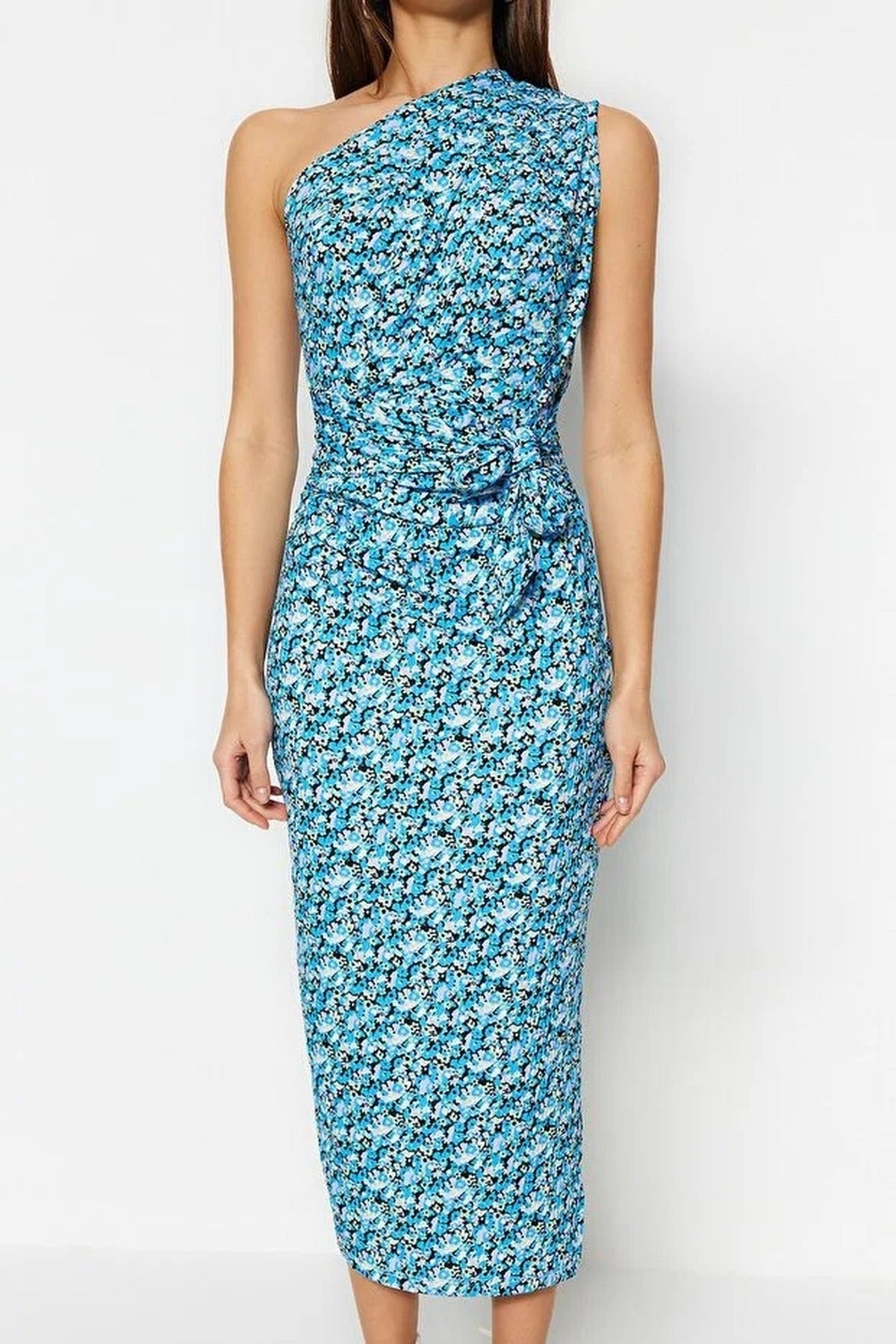 Printed Fitted One-Shoulder Asymmetrical V-Neck Pencil Dress
