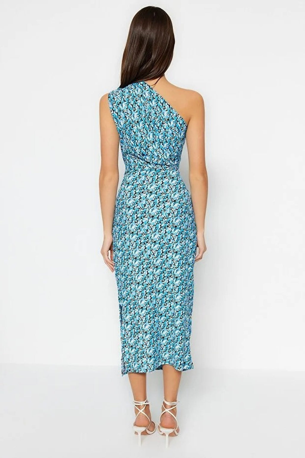 Printed Fitted One-Shoulder Asymmetrical V-Neck Pencil Dress