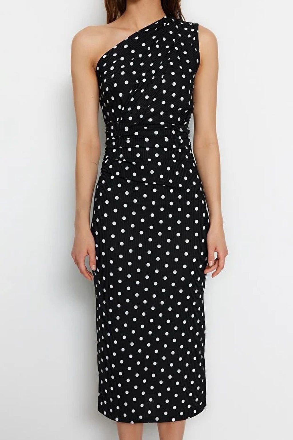 Printed Fitted One-Shoulder Asymmetrical V-Neck Pencil Dress