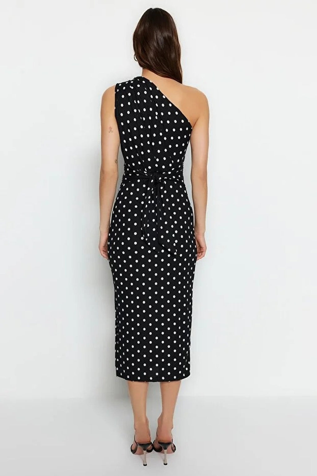 Printed Fitted One-Shoulder Asymmetrical V-Neck Pencil Dress