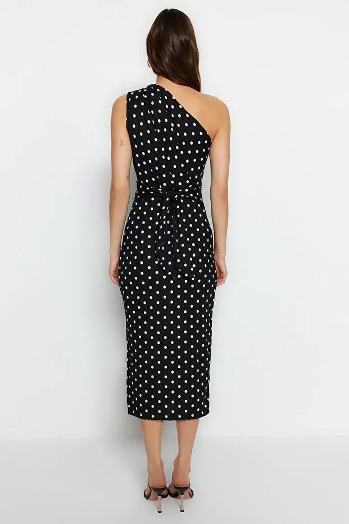 Printed Fitted One-Shoulder Asymmetrical V-Neck Pencil Dress