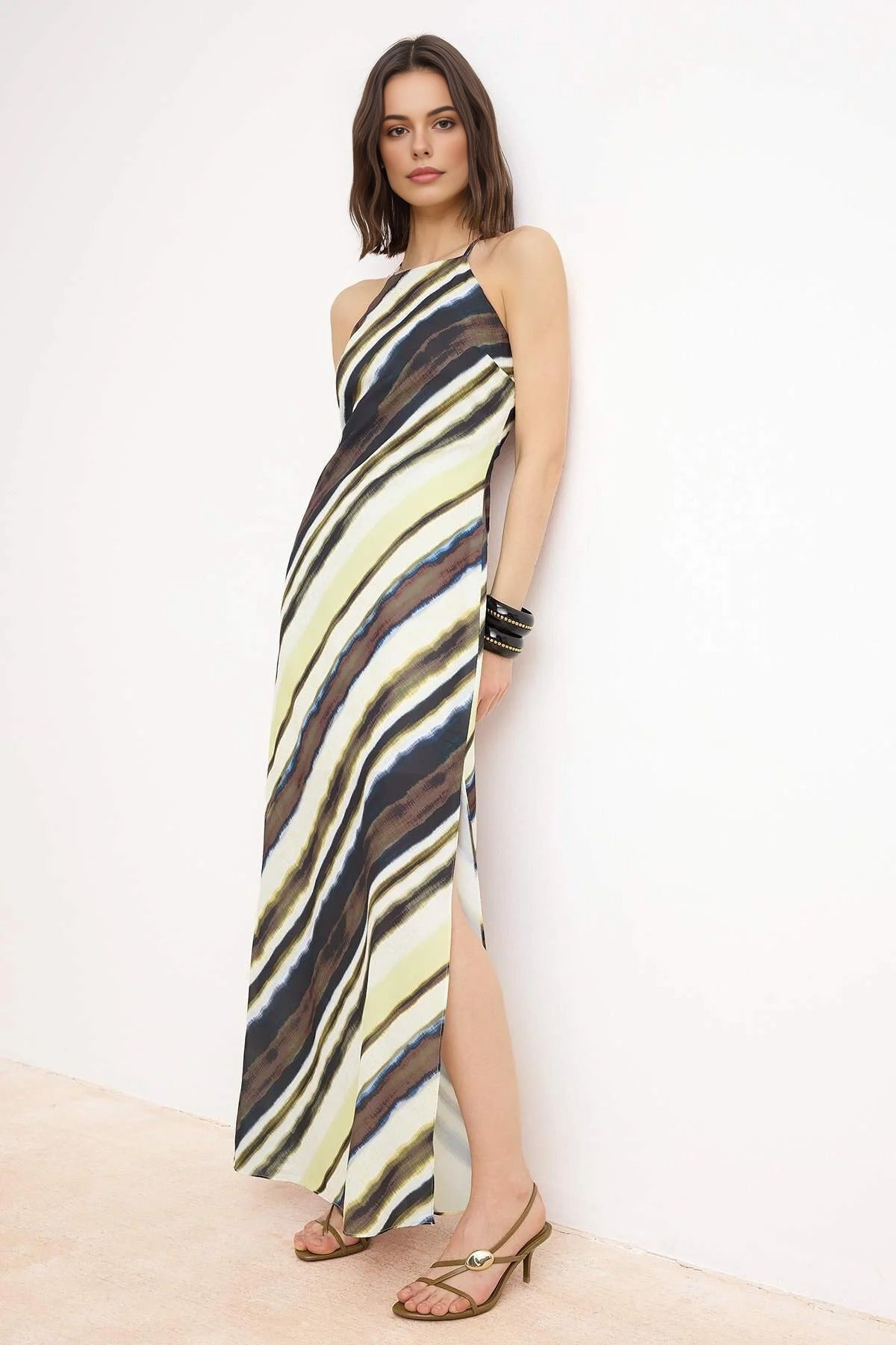 Halter Neck Sleeveless Maxi Dress with Tie-Dye Print