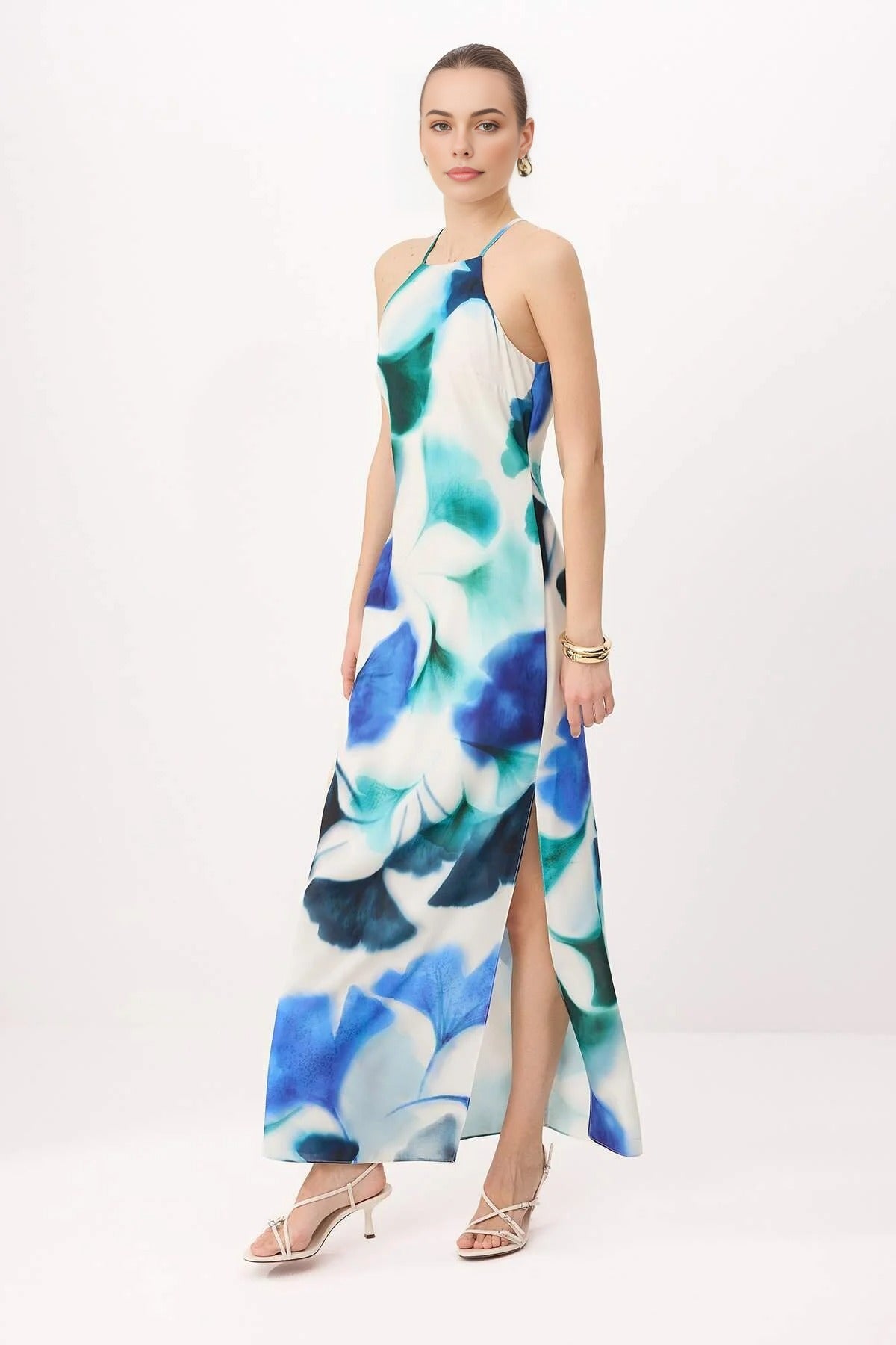 Halter Neck Sleeveless Maxi Dress with Tie-Dye Print