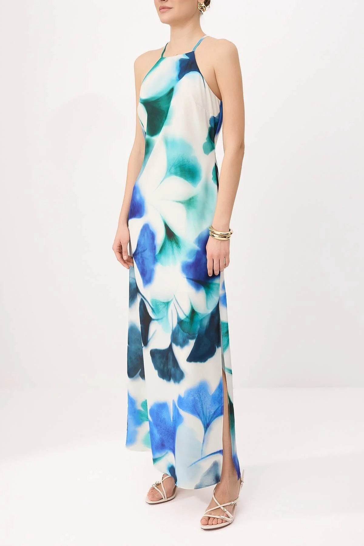 Halter Neck Sleeveless Maxi Dress with Tie-Dye Print