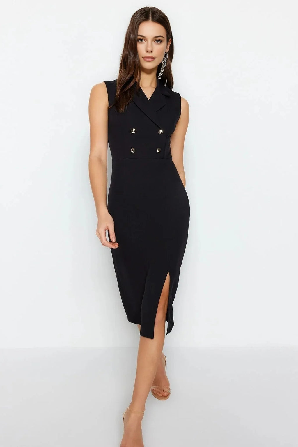 Fitted Jacket Collar Midi Woven Dress
