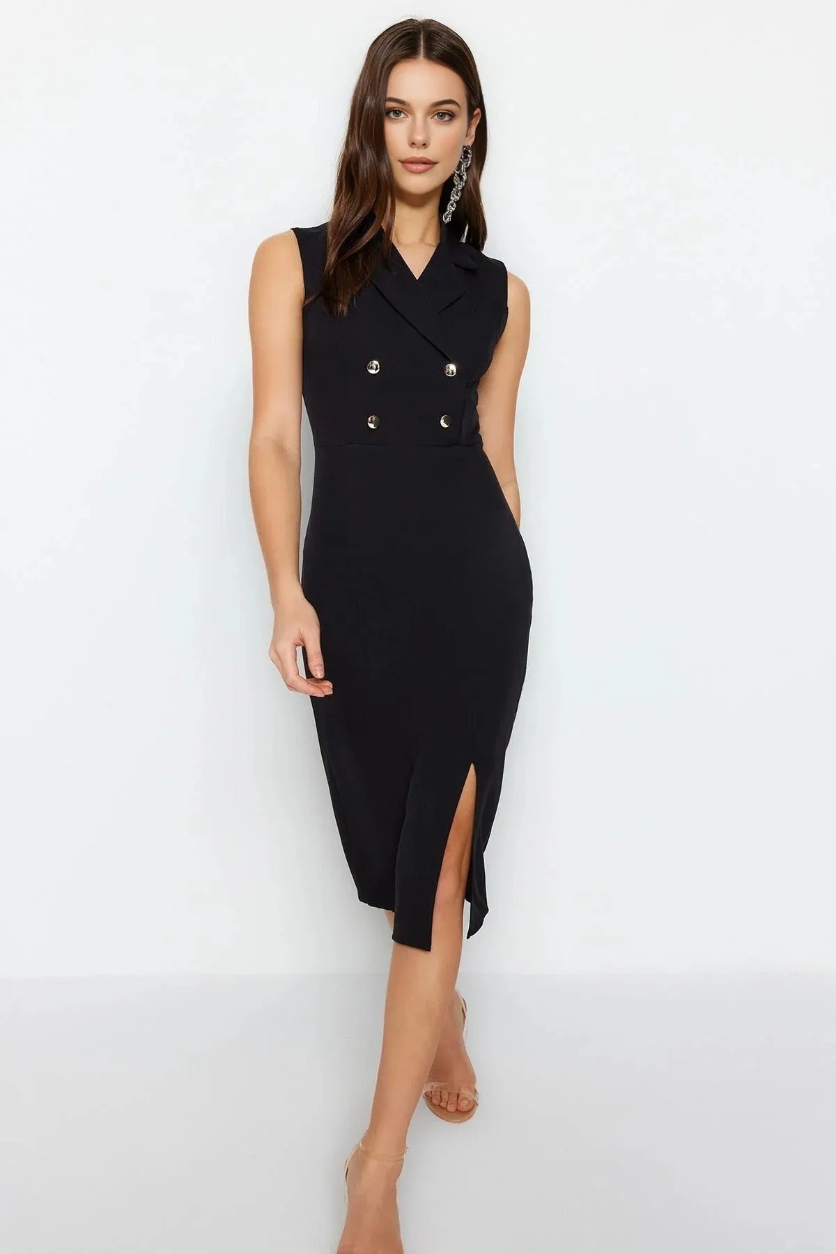 Fitted Jacket Collar Midi Woven Dress