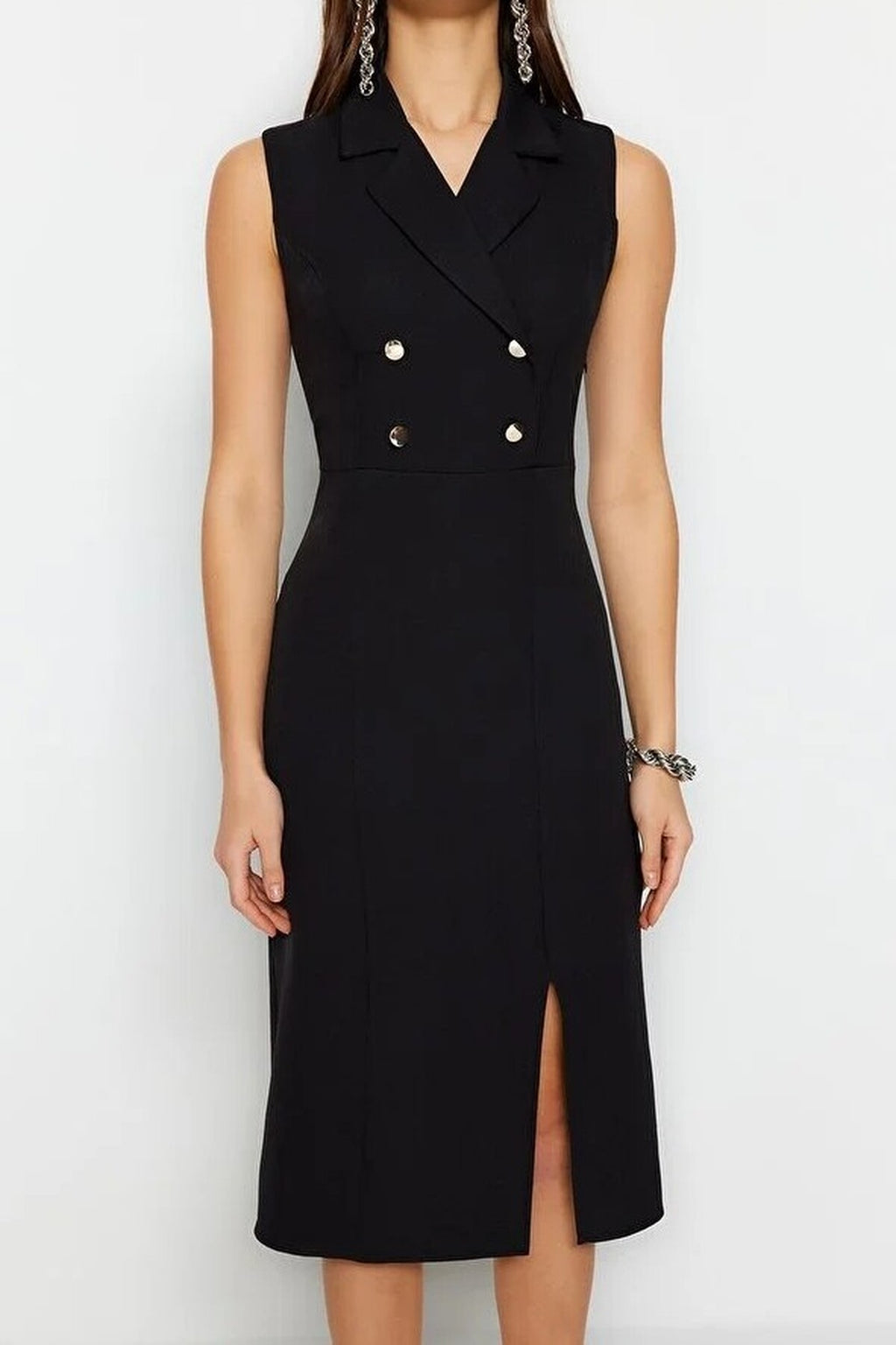 Fitted Jacket Collar Midi Woven Dress