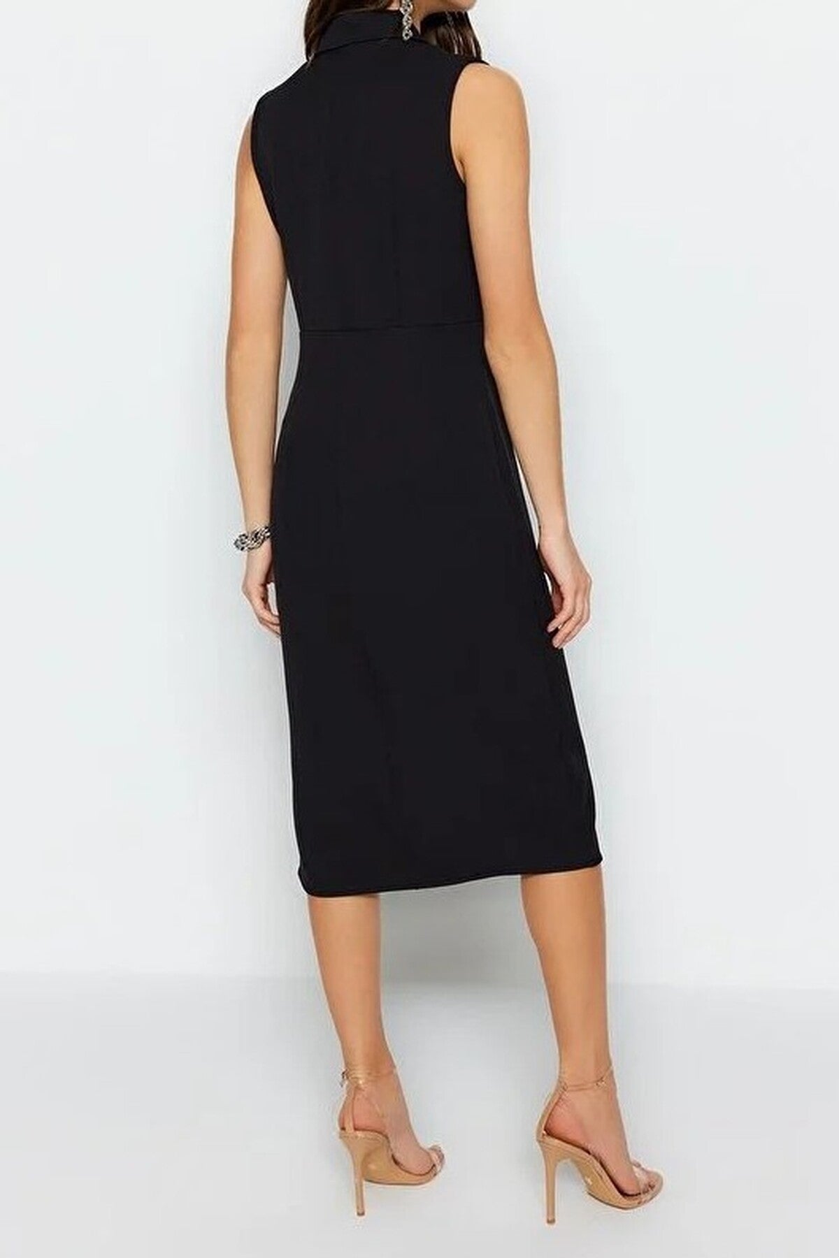 Fitted Jacket Collar Midi Woven Dress
