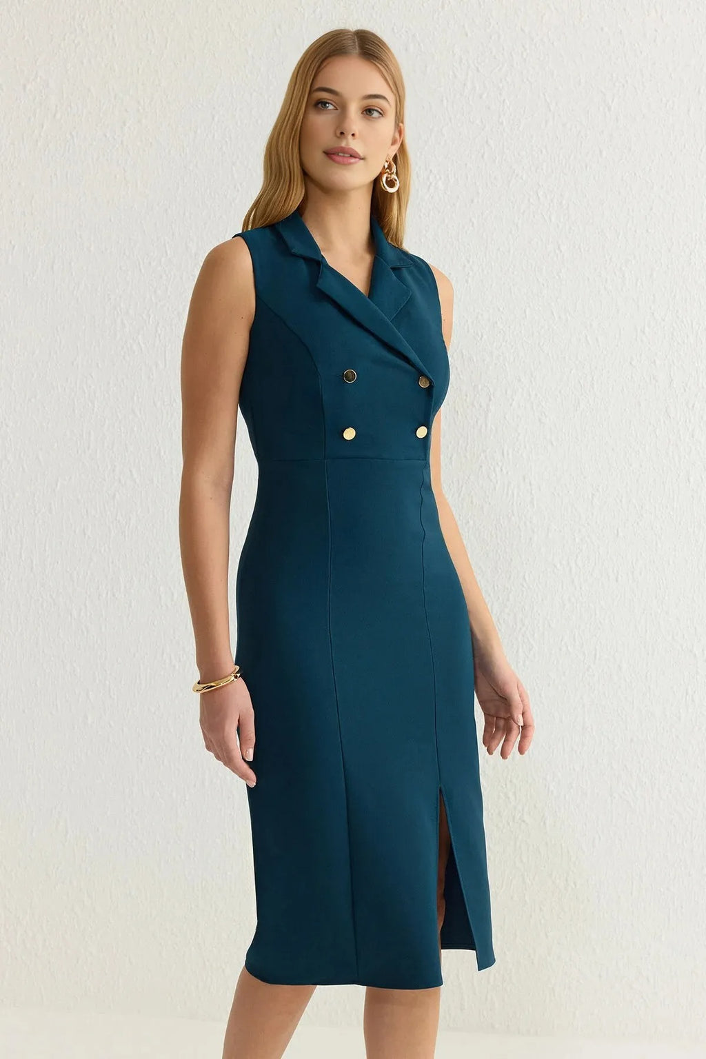 Fitted Jacket Collar Midi Woven Dress