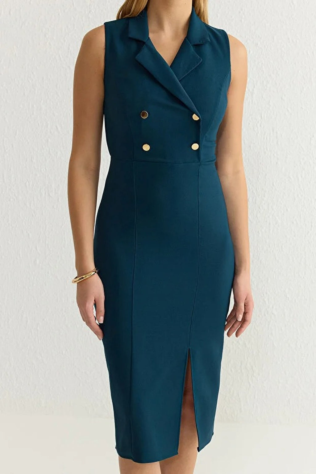 Fitted Jacket Collar Midi Woven Dress