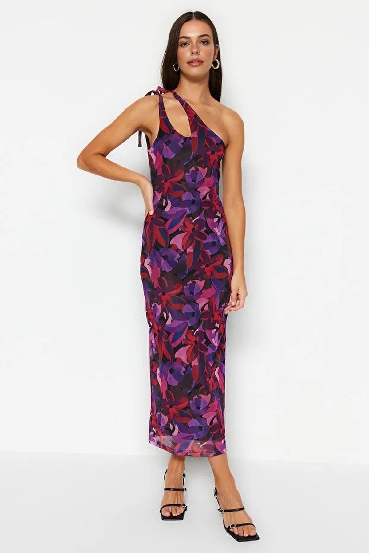 Asymmetrical Collar Tulle Lined Fitted Maxi Stretch Knit Pencil Dress