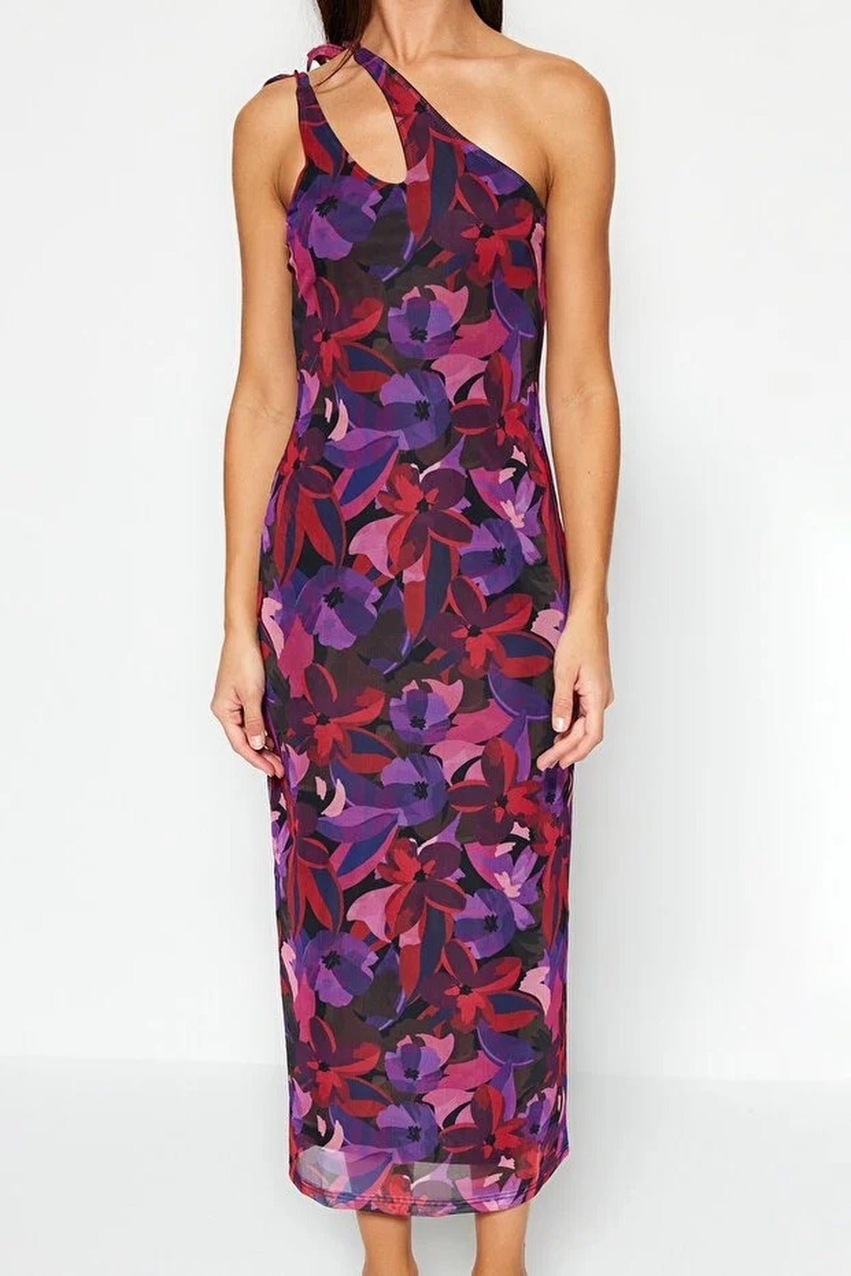 Asymmetrical Collar Tulle Lined Fitted Maxi Stretch Knit Pencil Dress