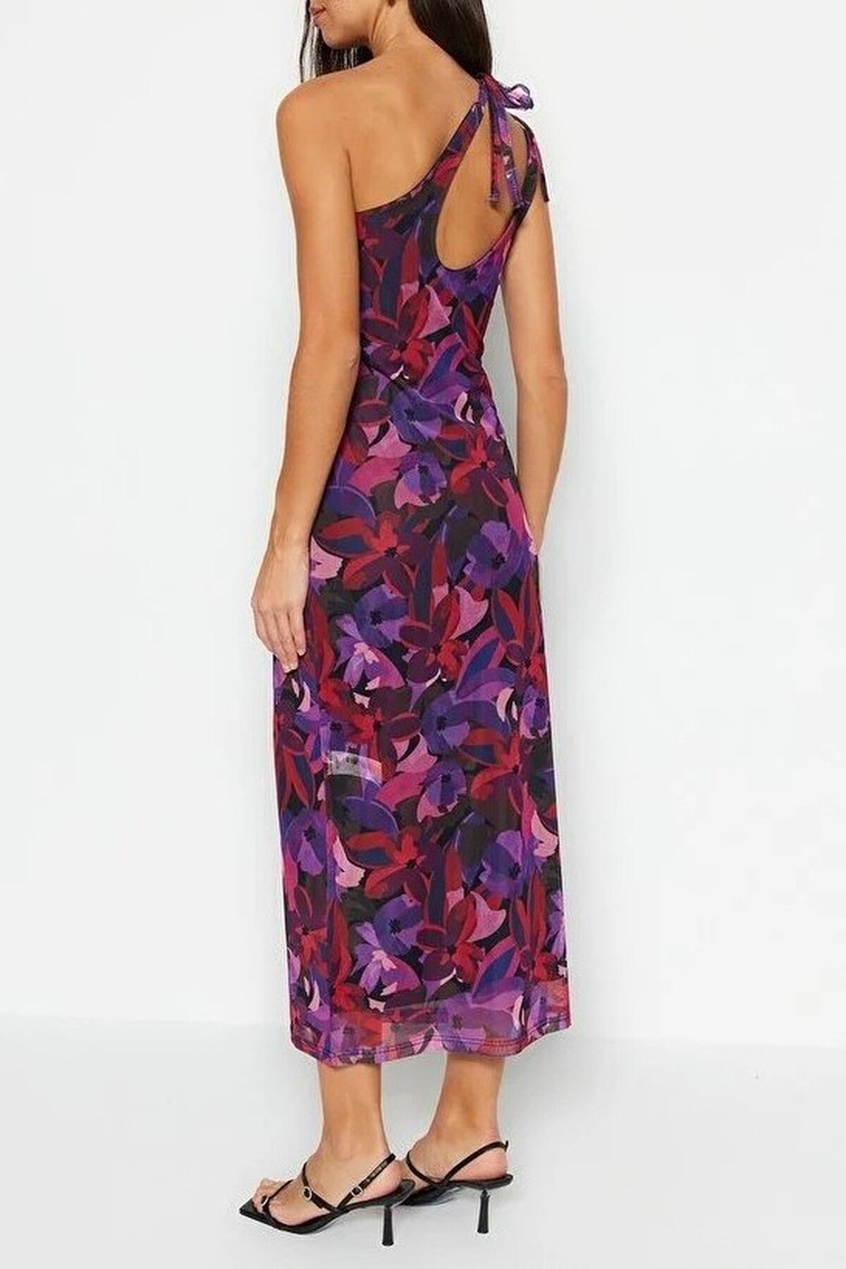 Asymmetrical Collar Tulle Lined Fitted Maxi Stretch Knit Pencil Dress