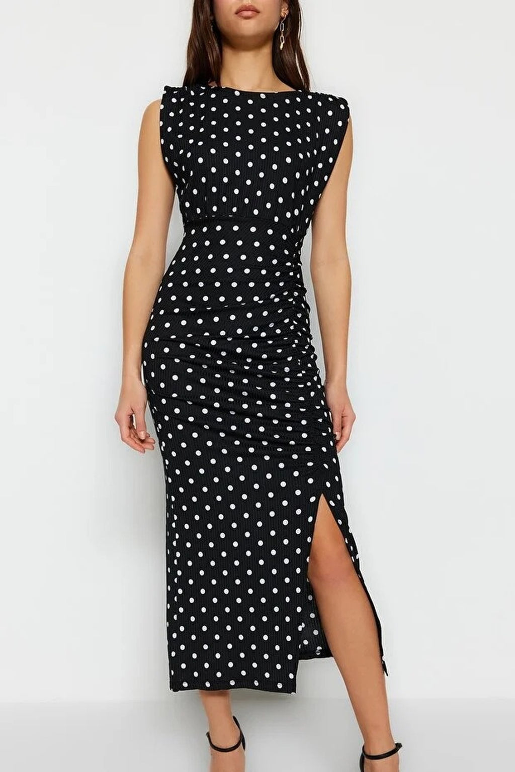 Polka Dot Open Back Slit Detail Maxi Bodycon Dress