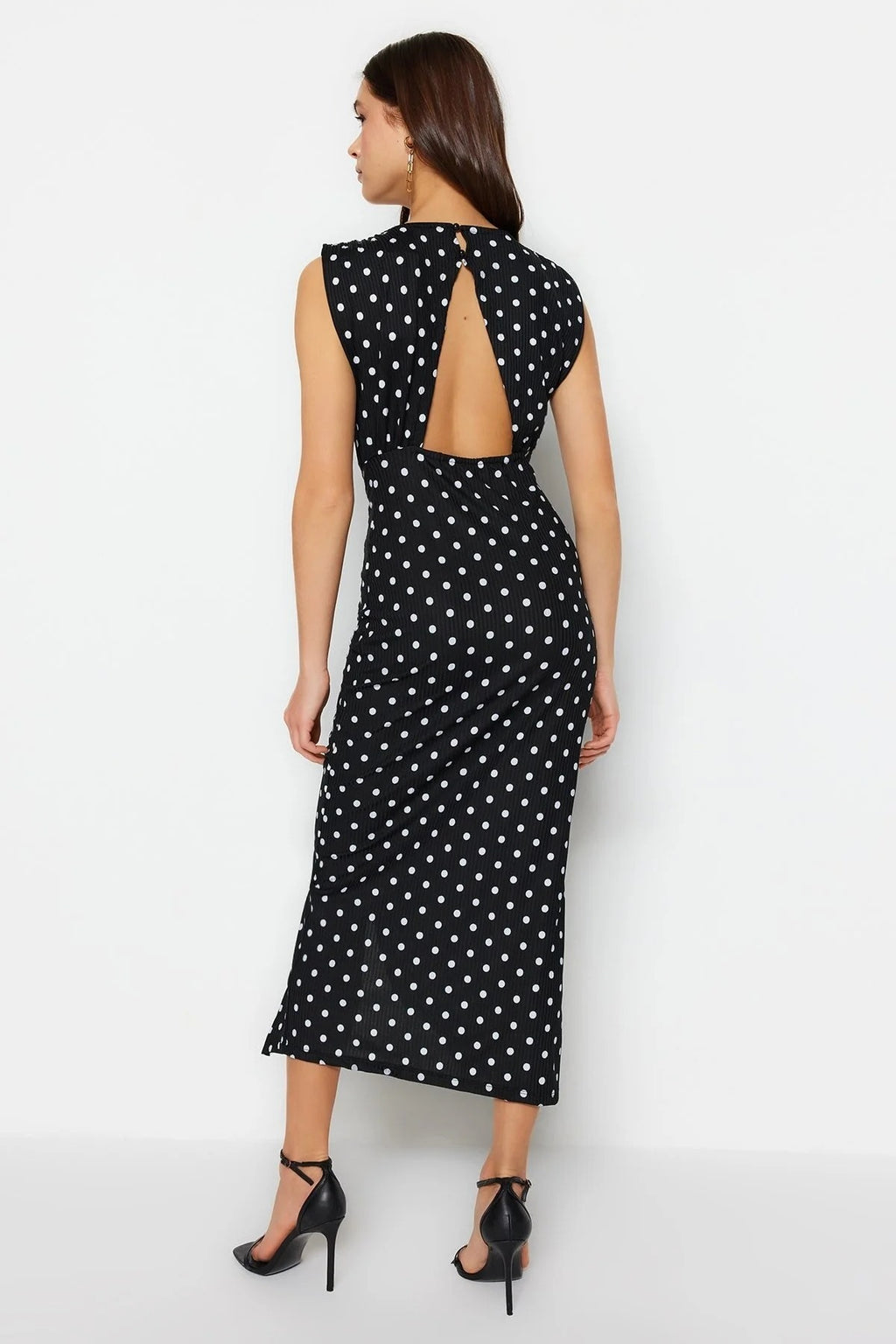 Polka Dot Open Back Slit Detail Maxi Bodycon Dress