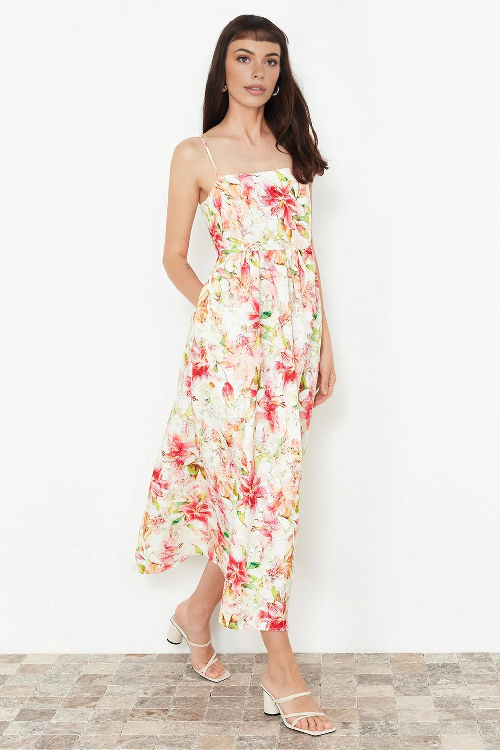 Floral Patterned A-Line Square Neck Woven Dress