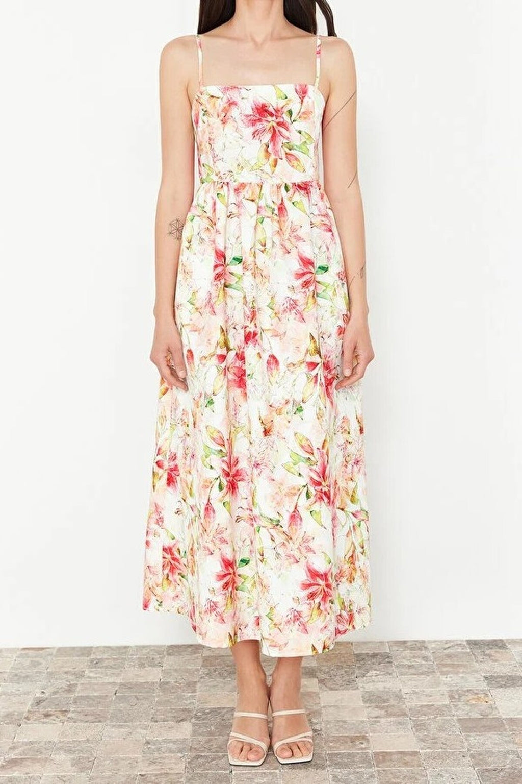 Floral Patterned A-Line Square Neck Woven Dress