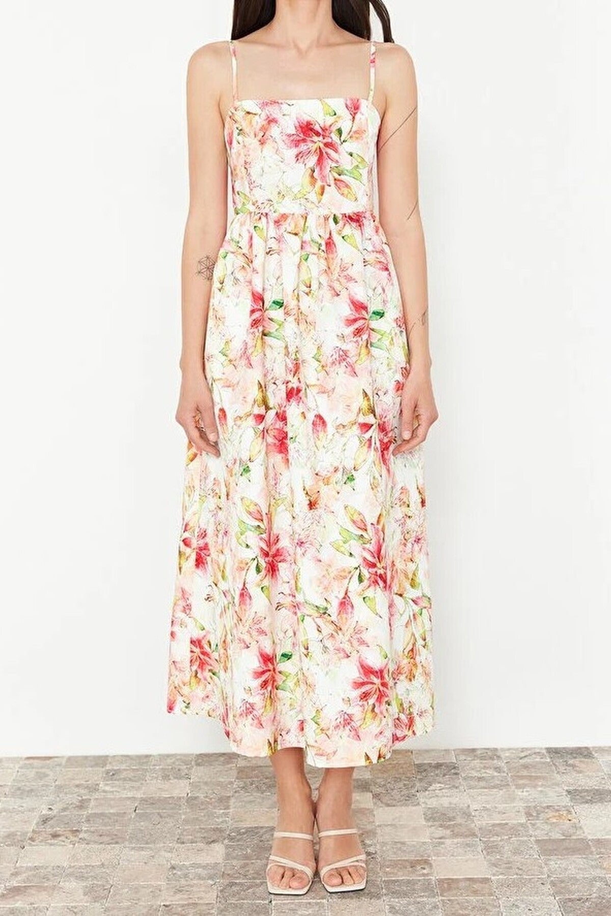 Floral Patterned A-Line Square Neck Woven Dress