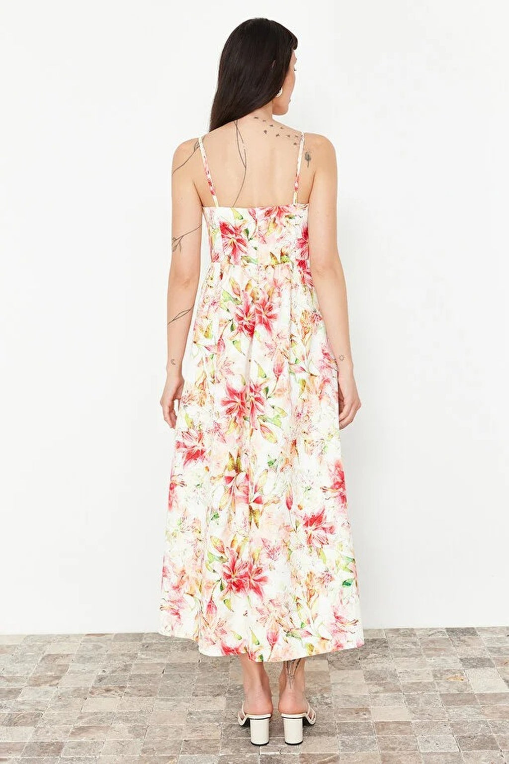 Floral Patterned A-Line Square Neck Woven Dress