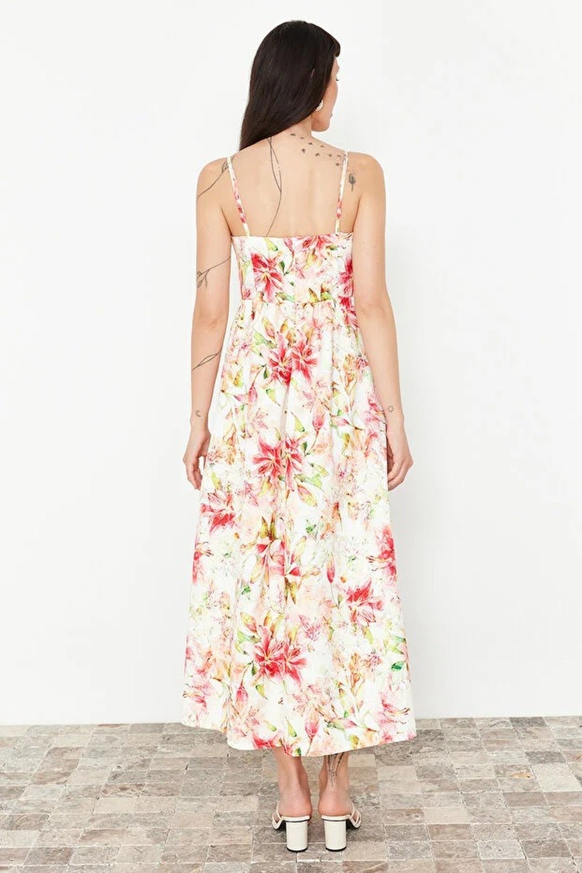 Floral Patterned A-Line Square Neck Woven Dress