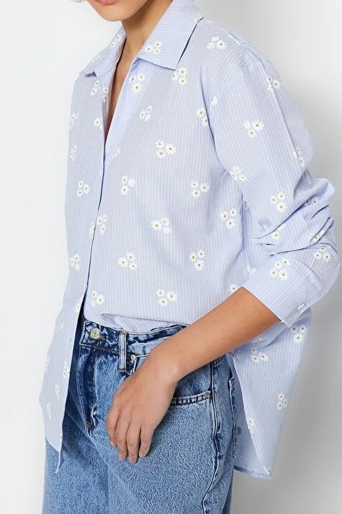 Striped Floral Pattern Cotton Oversize Woven Shirt