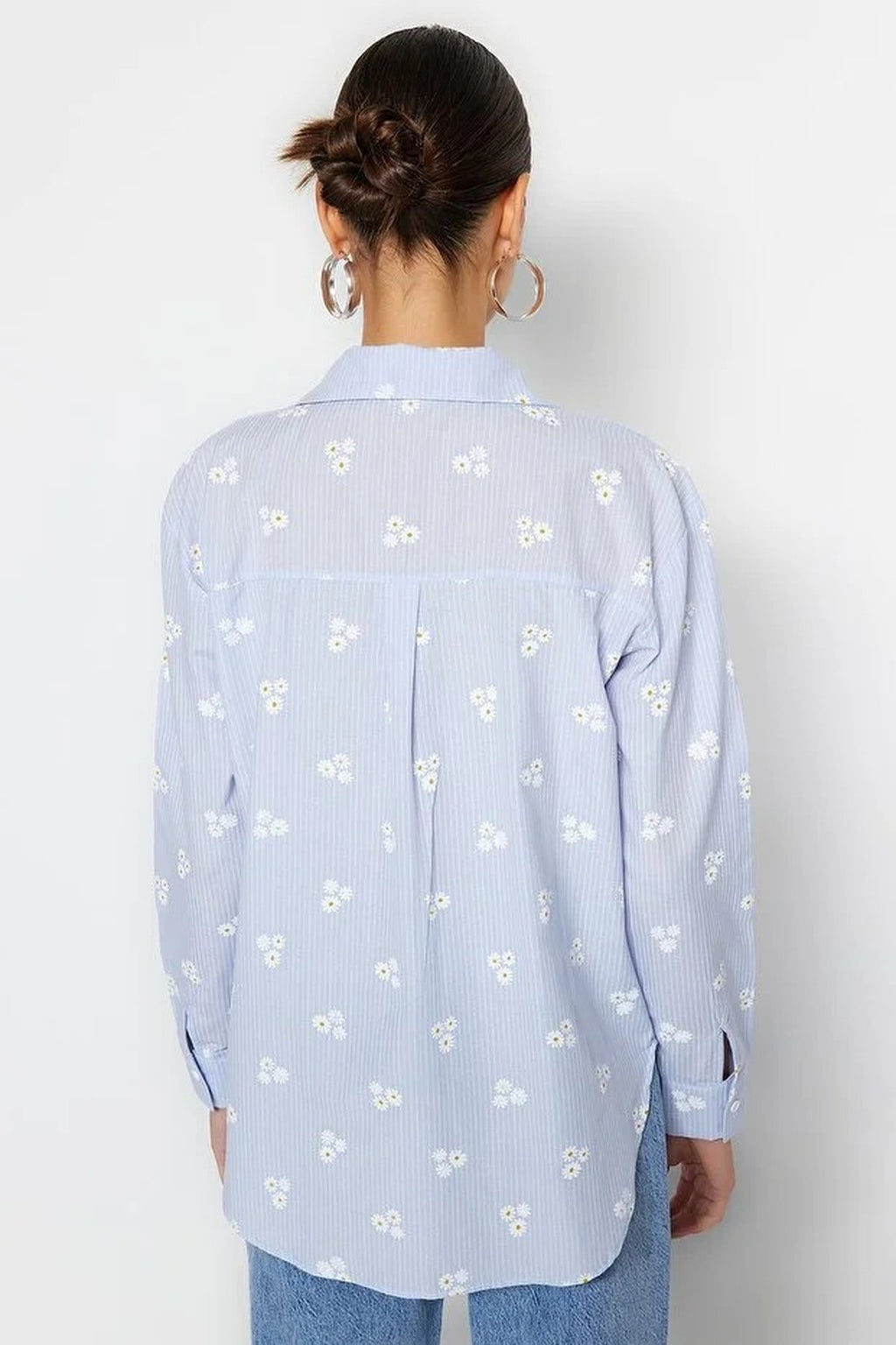 Striped Floral Pattern Cotton Oversize Woven Shirt