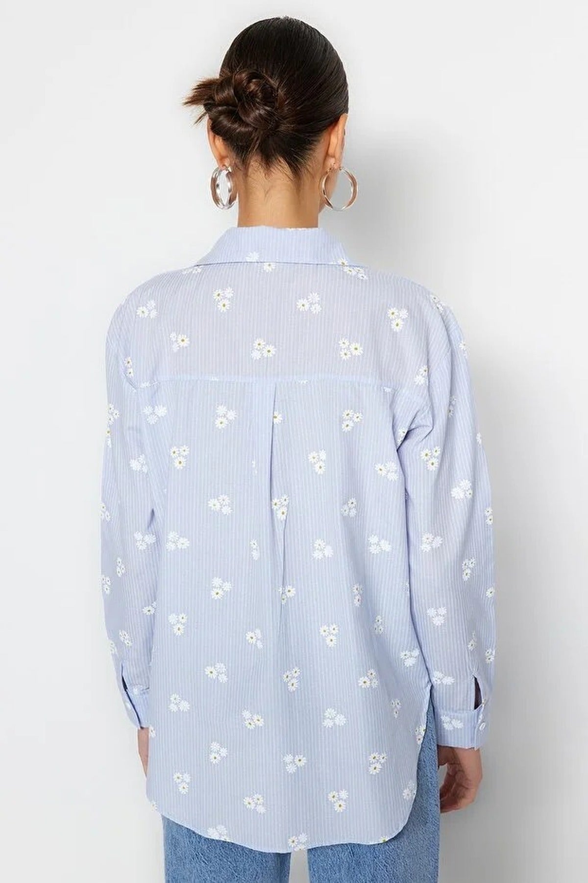 Striped Floral Pattern Cotton Oversize Woven Shirt
