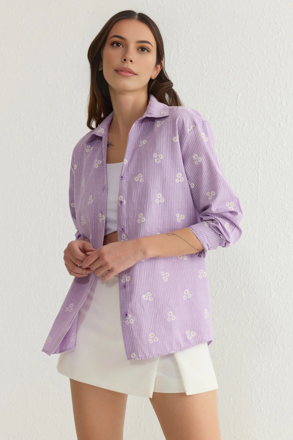 Striped Floral Pattern Cotton Oversize Woven Shirt