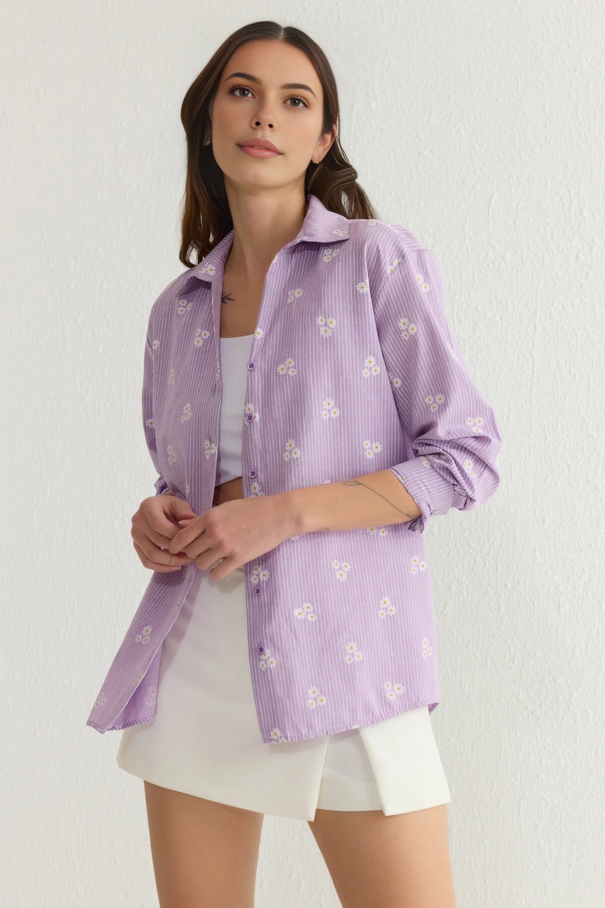 Striped Floral Pattern Cotton Oversize Woven Shirt