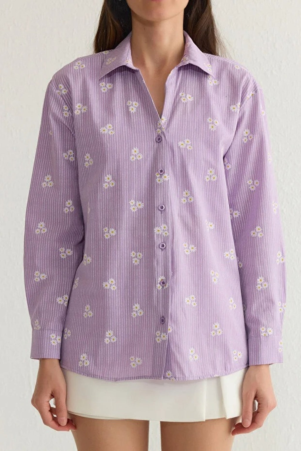 Striped Floral Pattern Cotton Oversize Woven Shirt