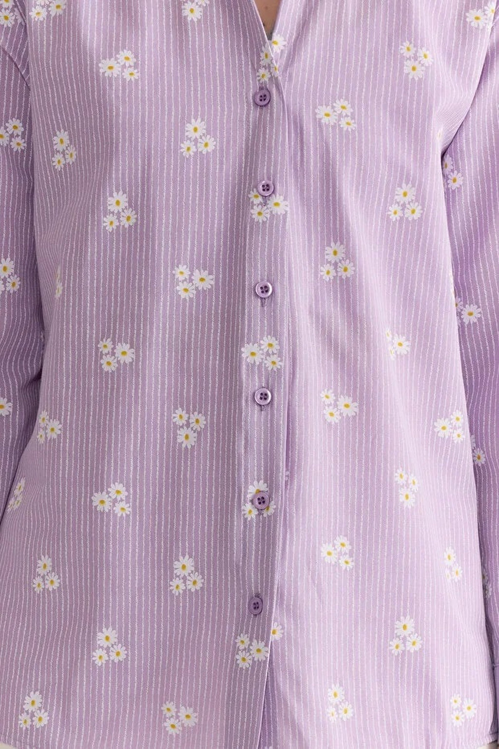 Striped Floral Pattern Cotton Oversize Woven Shirt