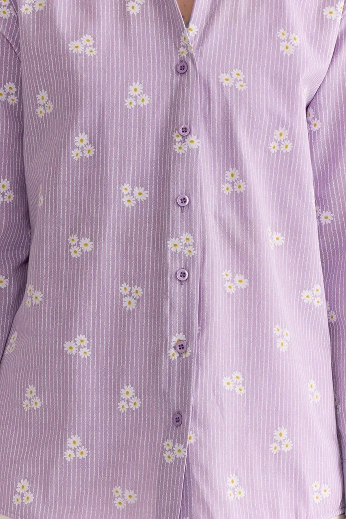 Striped Floral Pattern Cotton Oversize Woven Shirt