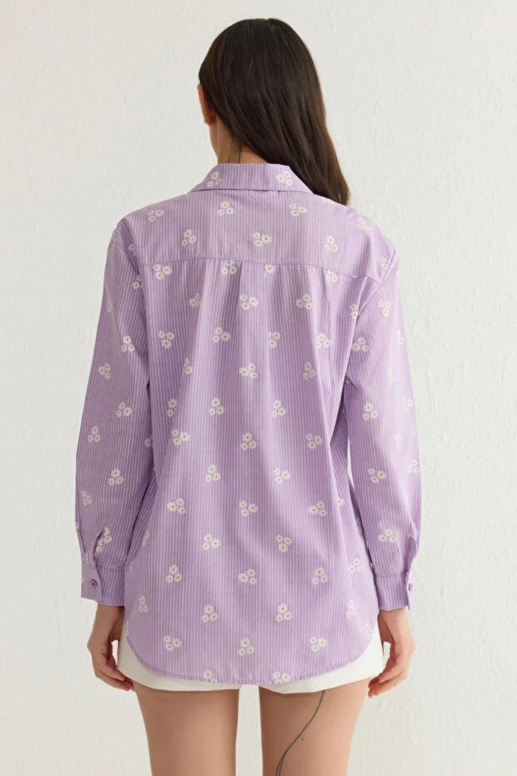 Striped Floral Pattern Cotton Oversize Woven Shirt
