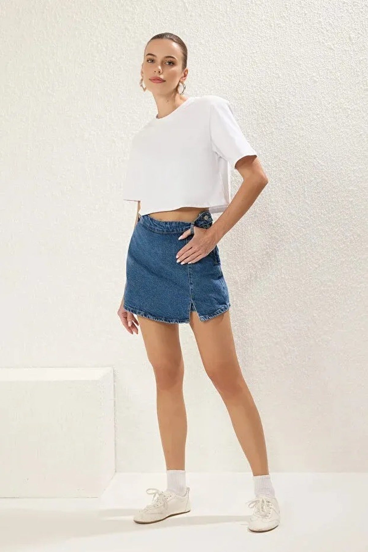Denim Short Skirt with Slit