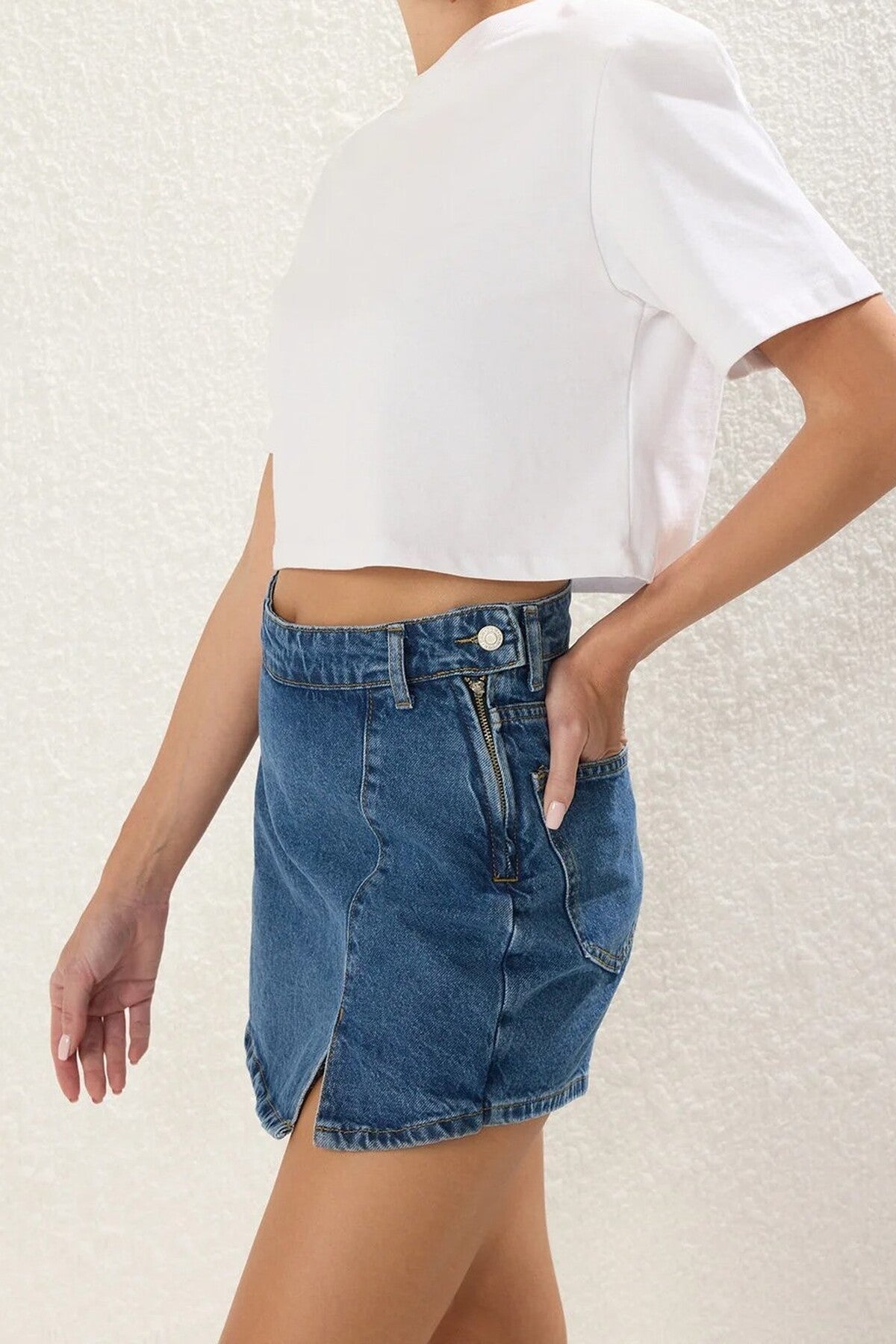 Denim Short Skirt with Slit