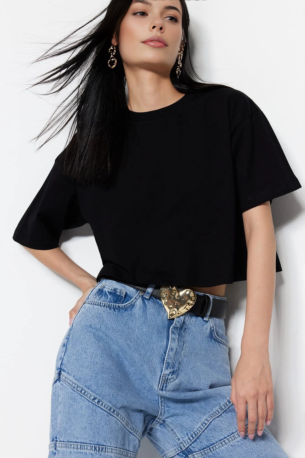 Relaxed Fit Crew Neck Crop T-Shirt