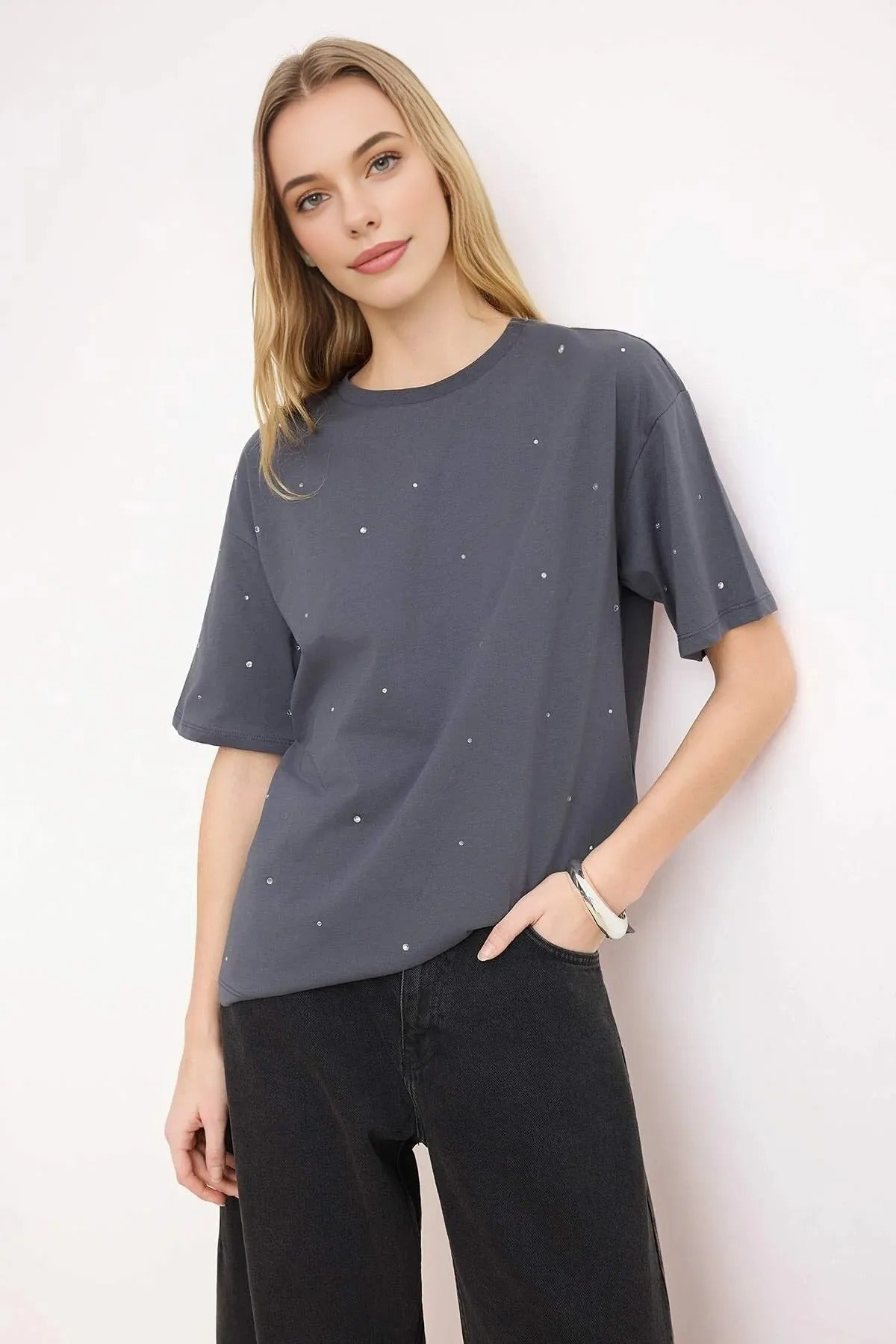 100% Cotton Stone Detail Crew Neck Knitted T-Shirt