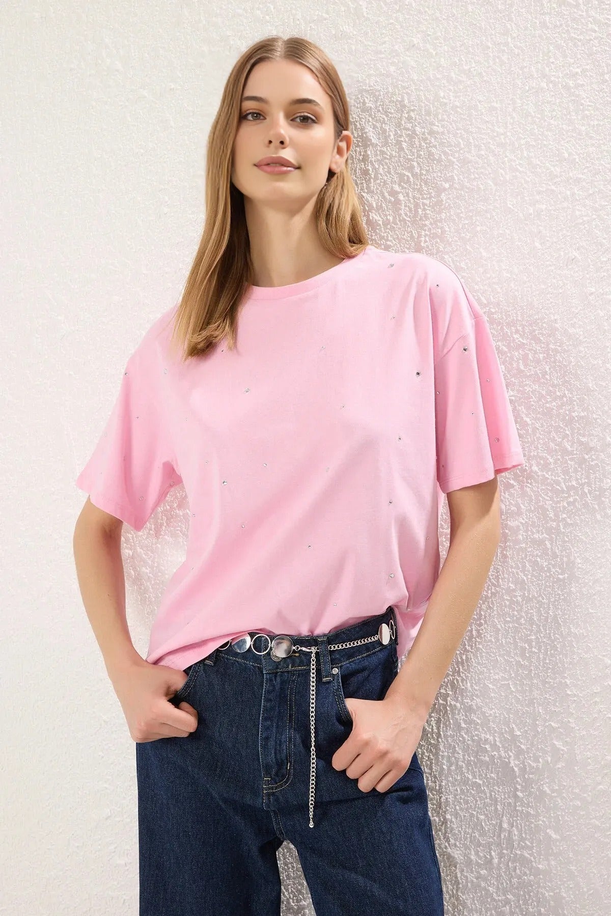 100% Cotton Stone Detail Crew Neck Knitted T-Shirt