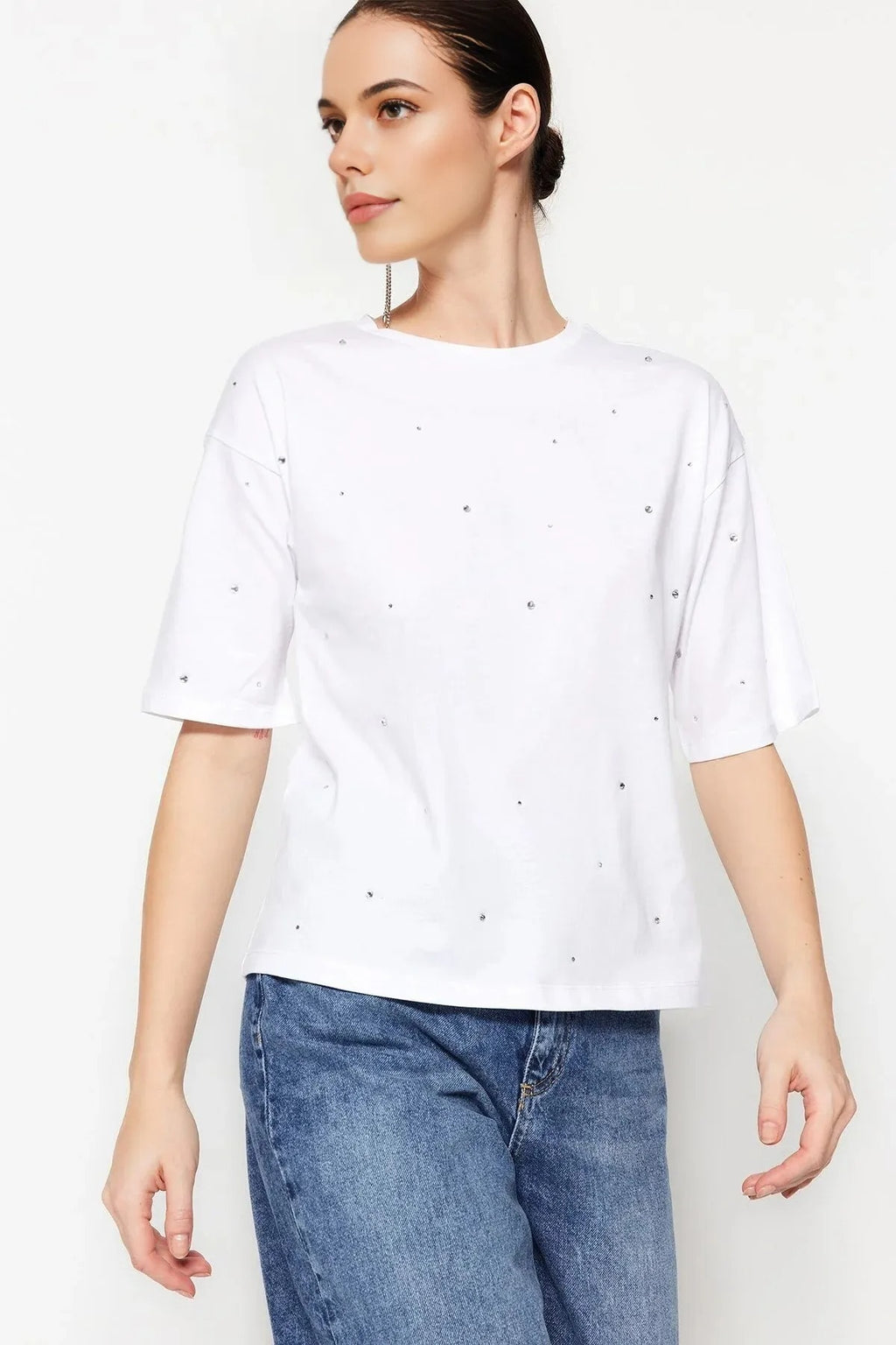 100% Cotton Stone Detail Crew Neck Knitted T-Shirt