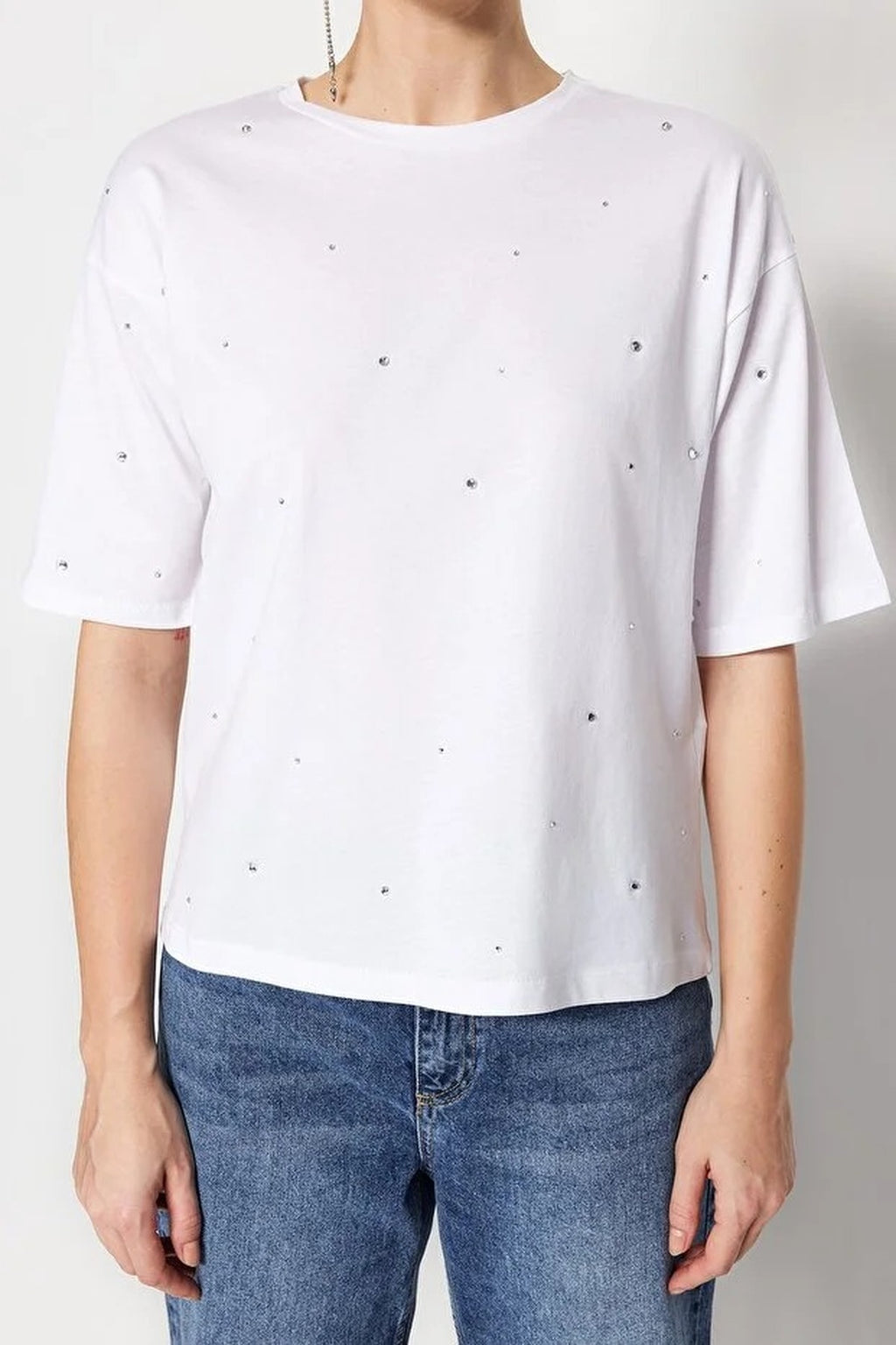 100% Cotton Stone Detail Crew Neck Knitted T-Shirt