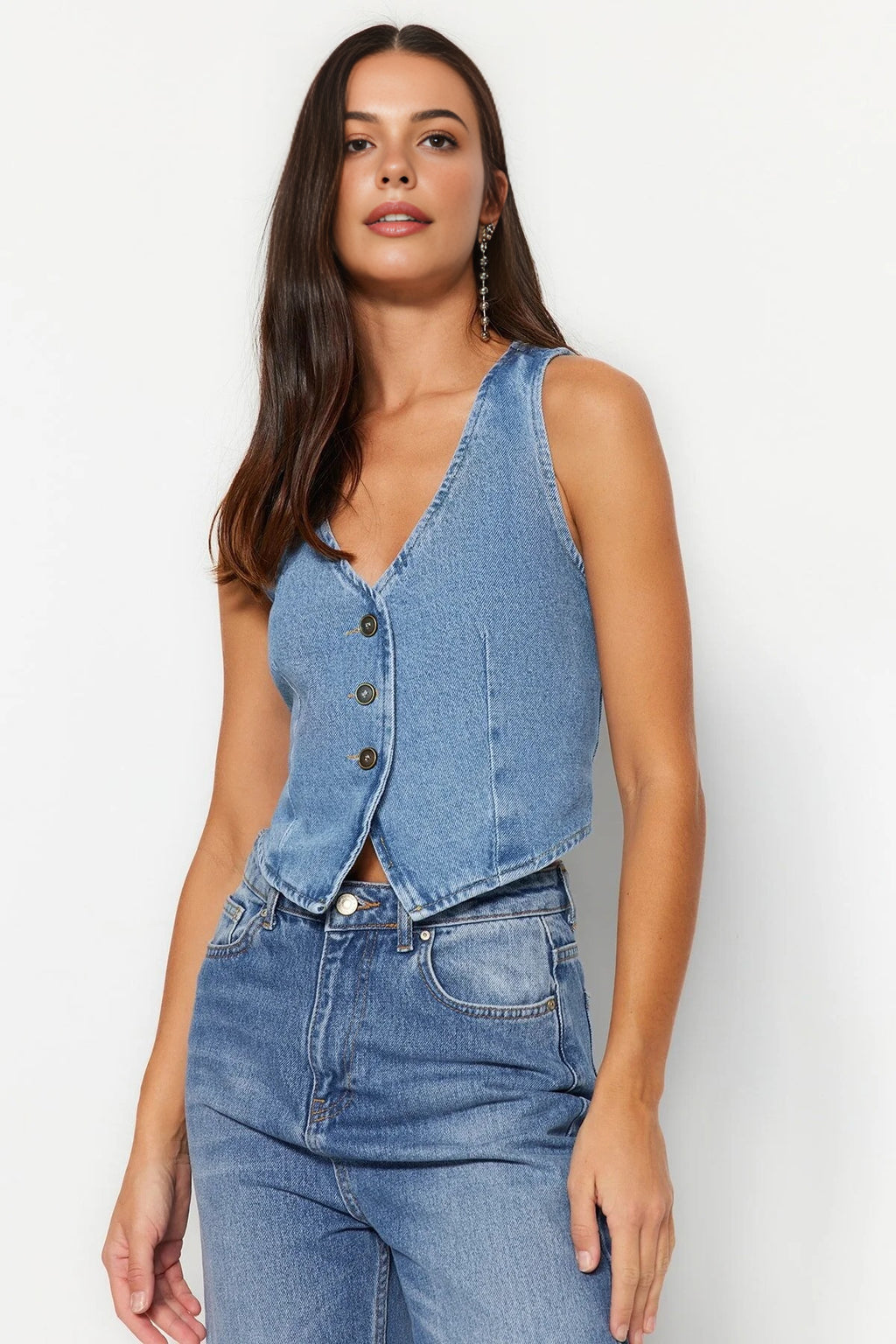 V Neck Fitted Denim Vest